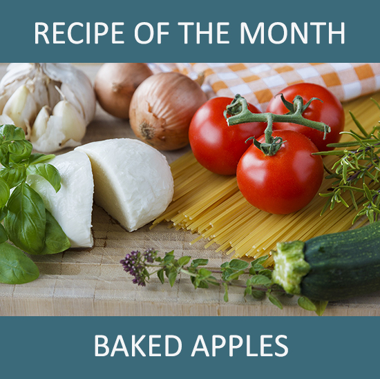 recipe of the month widget shows dried pasta, tomatoes, onions, herbs, garlic and cheese in decorative arrangement